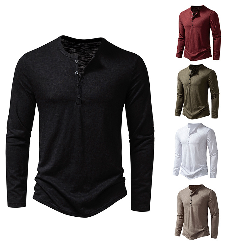 2023 Foreign Trade Autumn New Amazon European Size Men's Solid Color Slub Cotton Henry Collar Fashion Long Sleeve T-shirt for Men