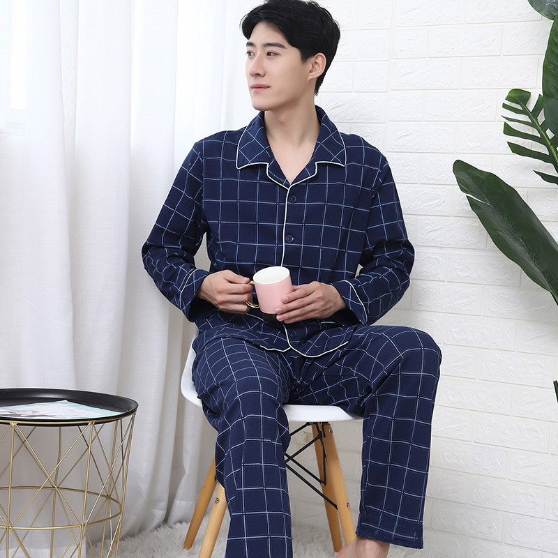 Men's Cotton Pajamas Spring and Autumn Long Sleeve Cardigan New Spring and Autumn Youth Men's Simple Home Clothes suit