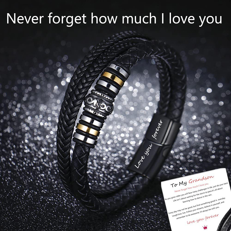 Xinghe cross-border stainless steel color multi-layer woven leather cord bracelet men's fashion leather bracelet lettering gift set