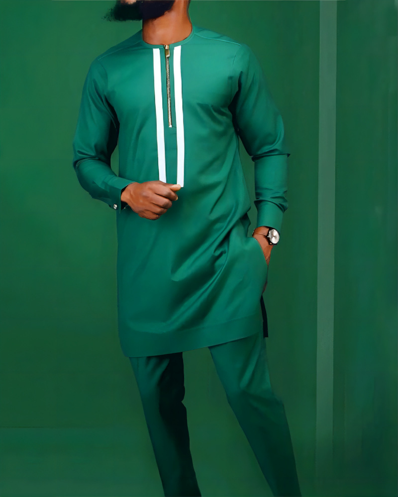 2023 New AliExpress Amazon African Ethnic Style Solid Color Men's Crewneck Suit Zipper Set 2 Pieces