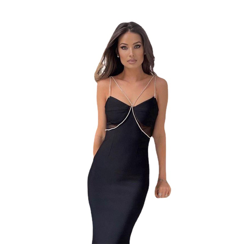 Amazon Women's Autumn High-end French Bandage Skirt Slim-fit Diamond Chain Sling Dress Ladies Gowns