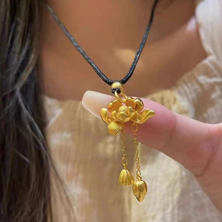 古法沙金蓮花兩世歡小眾吊墜高級感流蘇編繩中古飾品