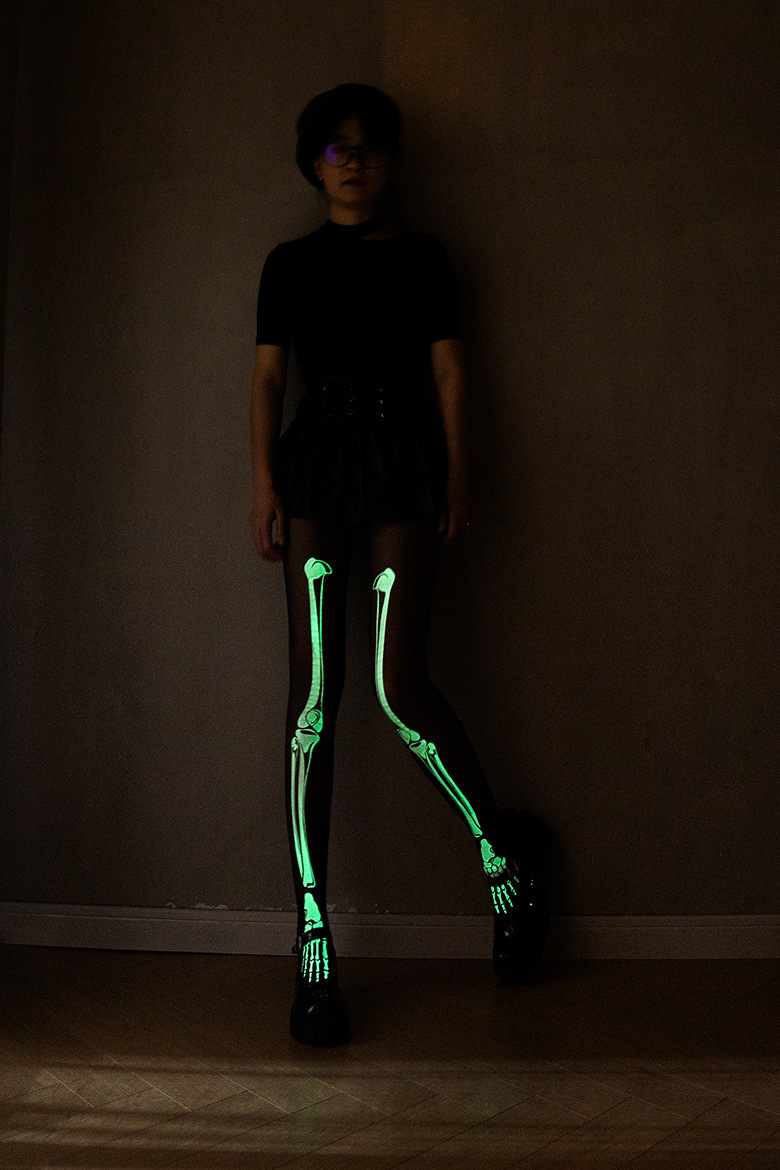 Luminous white bone stockings disco Halloween hot sale props pantyhose black luminous skull skeleton socks_voghion.com