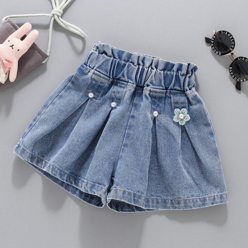 Children's girls' new Denim shorts Western style cotton Denim pleated 24-year summer hot pants children's clothing baby Princess