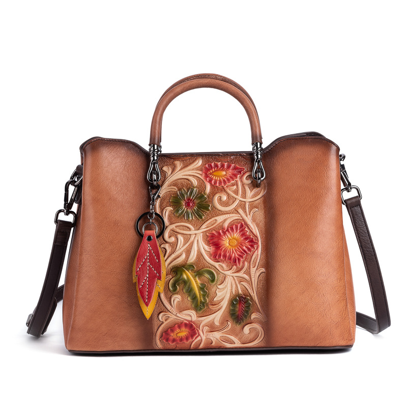 Vegetable Tanning Top Layer Cowhide Vintage Genuine Leather Women's Bag Handbag Crossbody Bag Embossed Color Simple Large Capacity High-end Sense