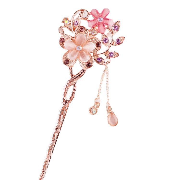 Hot selling hairpin Cat's Eye Stone twin flower classical hair clasp plate jewelry ethnic headdress Cat's Eye source manufacturers