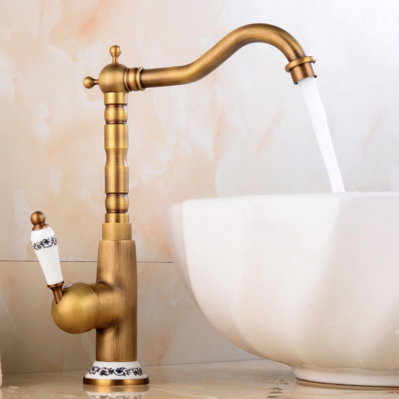 Antique faucet copper hot and cold basin blue and white porcelain European-style retro single hole kitchen rotatable faucet