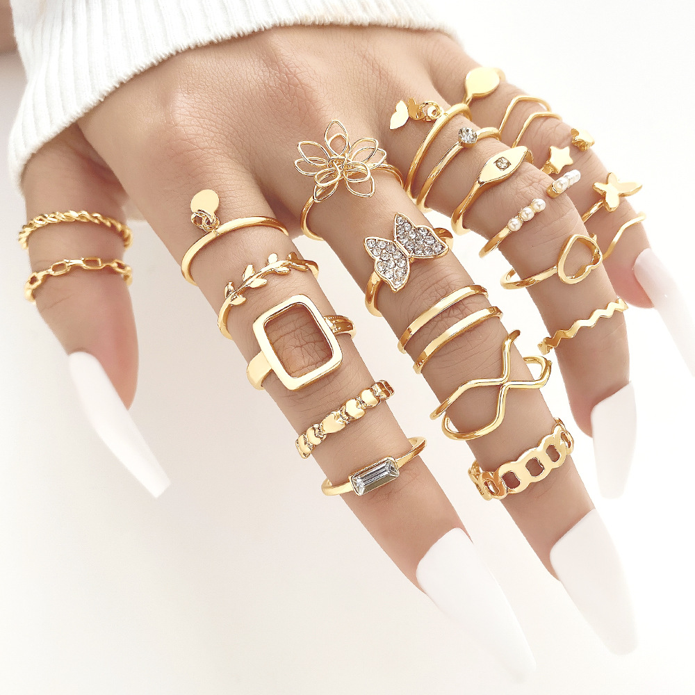 Mu Shang AliExpress Hot-selling Open Multi-joint Ring suit Women's Niche Hollow Love Butterfly Ring 22-piece Set
