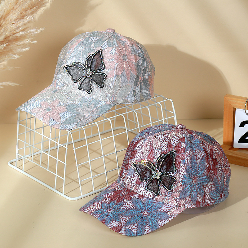 New lace thin hat women's breathable sun protection rhinestone butterfly baseball cap street fashion all-match trendy peaked cap