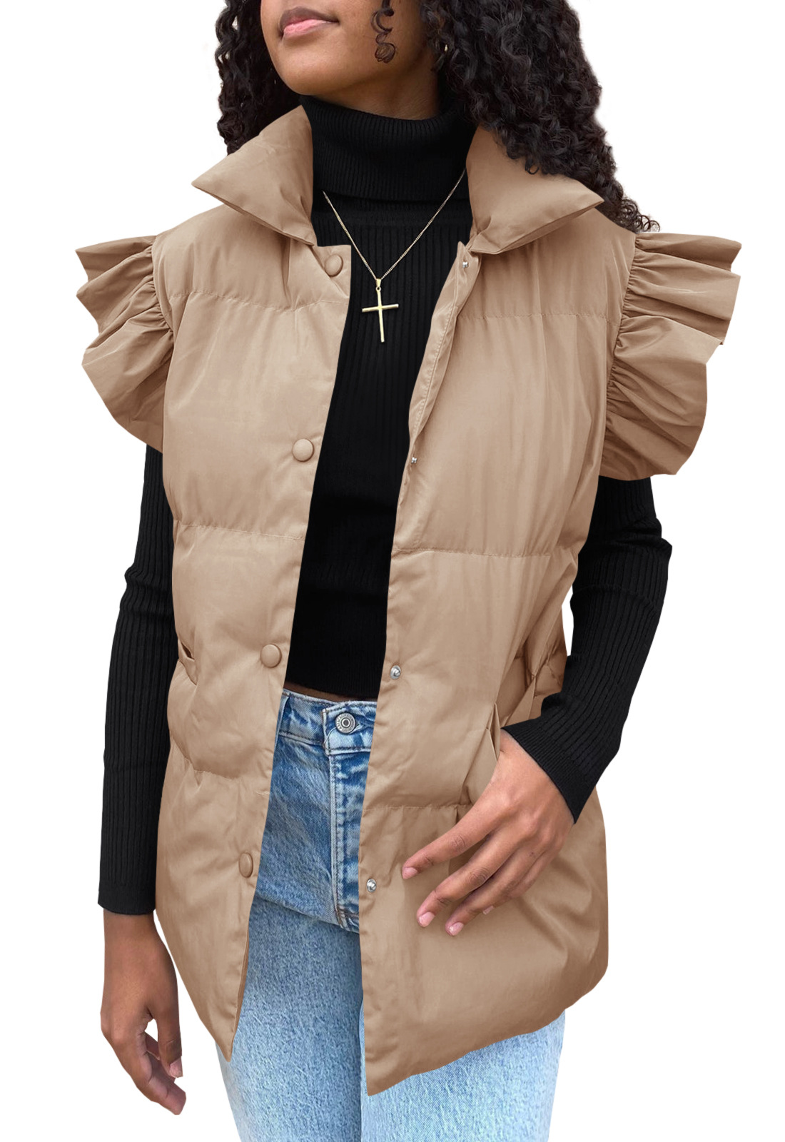 Grenzüberschreitende europäische und amerikanische Herbst- und Winterneuheiten mit lockerer Tasche und Baumwollpolsterung, fliegende Ärmel, elegante Weste, Stehkragen, Mode, Einreiher_voghion.com