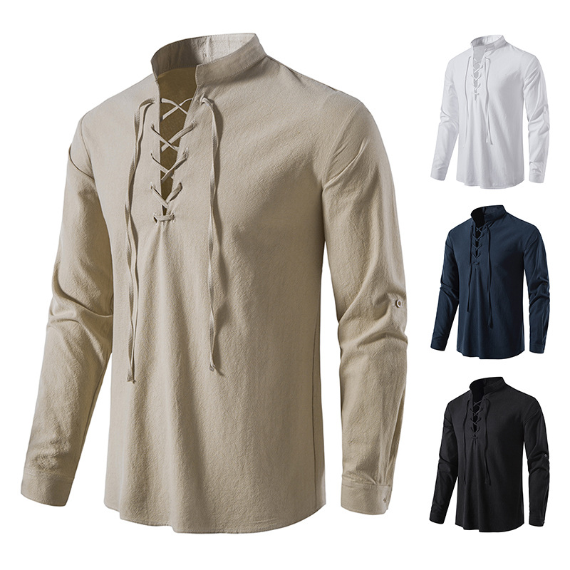 Amazon men's cotton and linen Henry shirt long sleeve hippie casual beach stand collar shirt A275