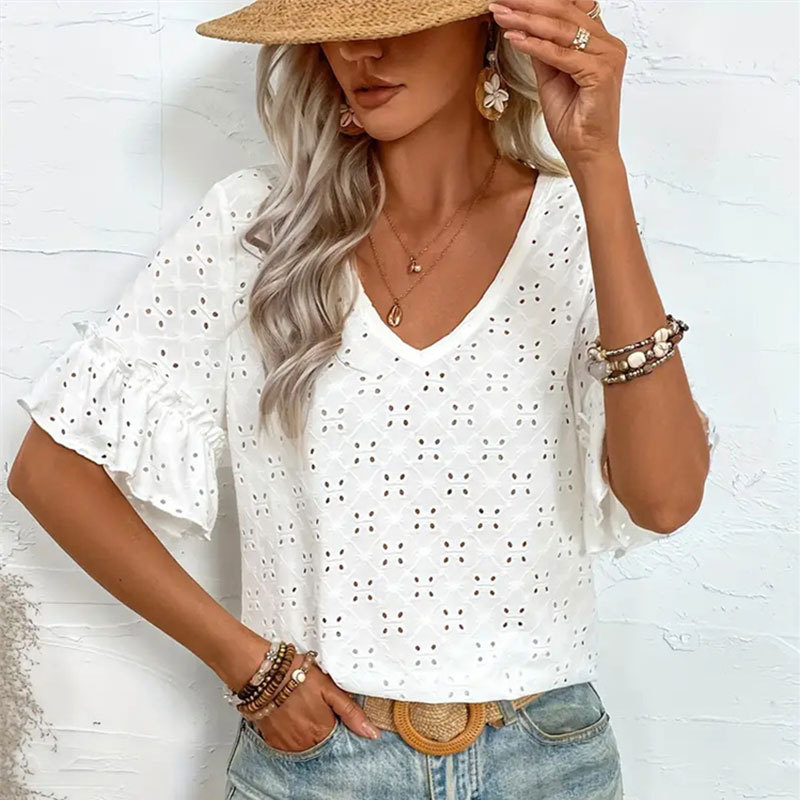 Cross-border foreign trade women's knitted embroidery hollow ruffled V-neck short sleeve jacket women's T-shirt women's spring and autumn a generation of hair