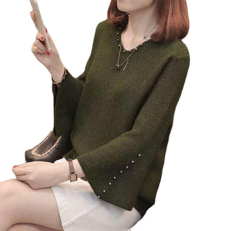 New Women's 2023 Korean Style Autumn Sweater Women's Pullover Bead Korean Style Loose Short V-neck Base Knitted Sweater