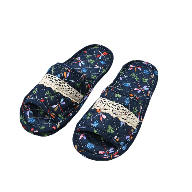 Autumn and winter women's cotton slippers home lace edge non-slip soft bottom confinement shoes warm home couple open toe slippers