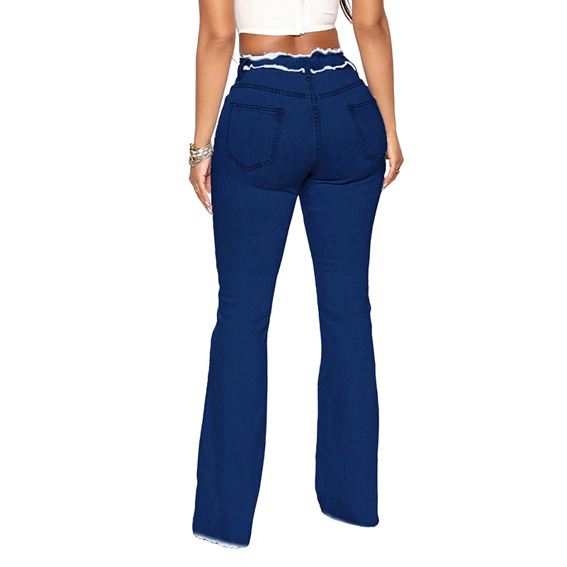 2023 Spring and Summer New Amazon Cross-border High Elastic Mid-waist Burr Women's Denim Pants Super Hot