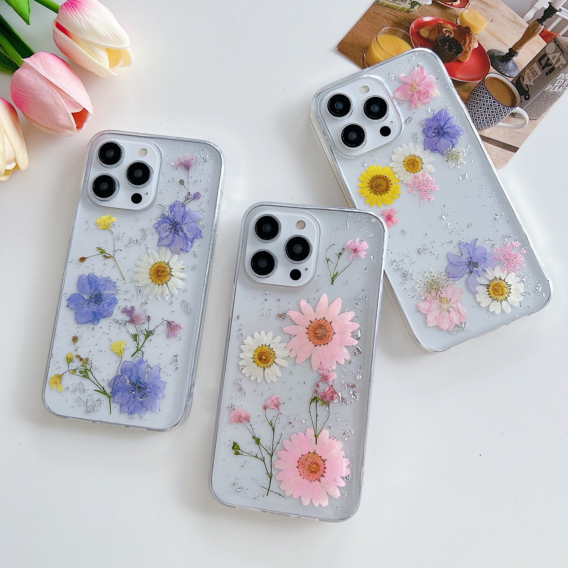 銀箔雛菊真花手機殼適用蘋果iPhone15Plus/14ProMax/13mini/12/XR