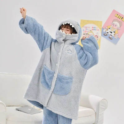 Cute funny shark pajamas women's winter coral fleece outerwear fleece-lined long homewear cartoon nightgown