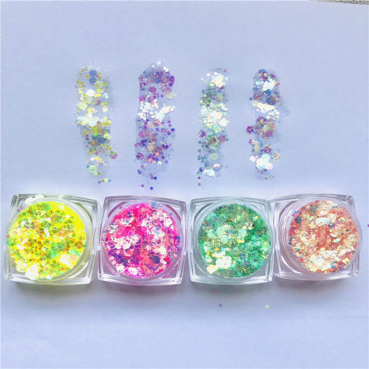 Flash nail luminous glitter sequins 12 color gel eye makeup mixed fluorescent glitter powder nail glue oil epoxy jewelry