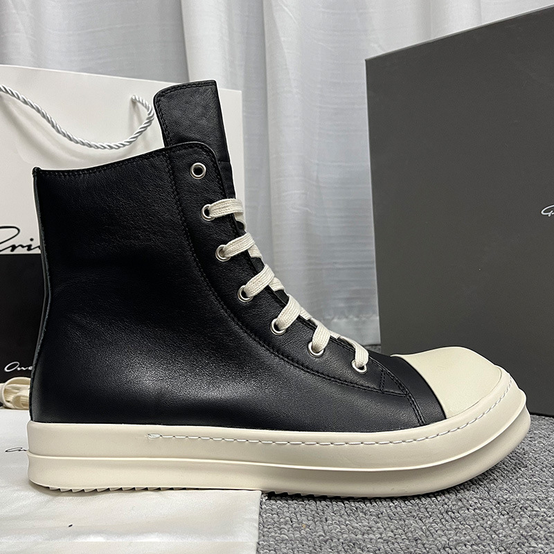 New High-top Shoes Men's Slab Shoes Thick-bottom Increased Leather Sports Trendy Cowhide Fleece-lined Women's Couple's Large Size Shoes