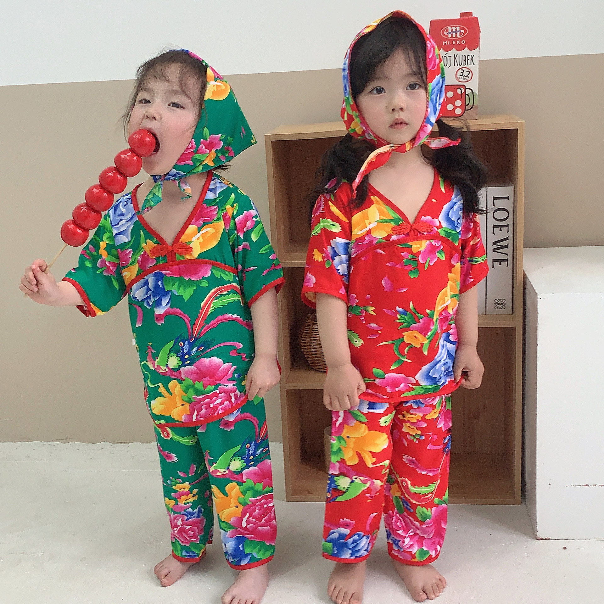Children's Home Suit Internet Popular Baby's Cotton Silk Northeast Large Flower Short-Sleeved Cropped Pants for Boys and Girls Summer Pajamas Thin