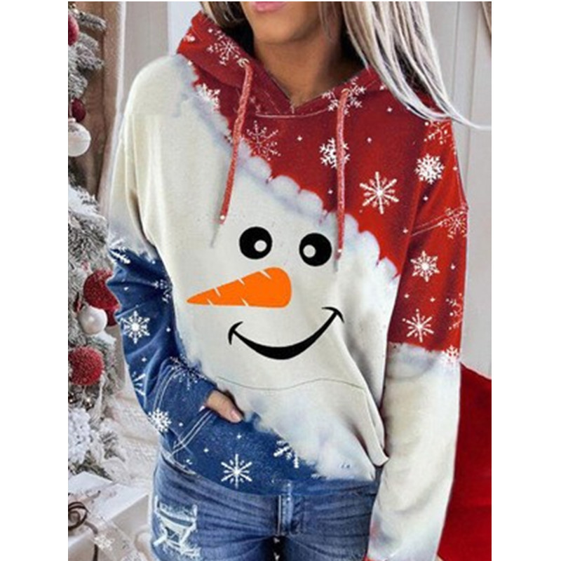 2024 European and American new sweater Christmas snowman car printing casual hooded collar Christmas series printed sweater