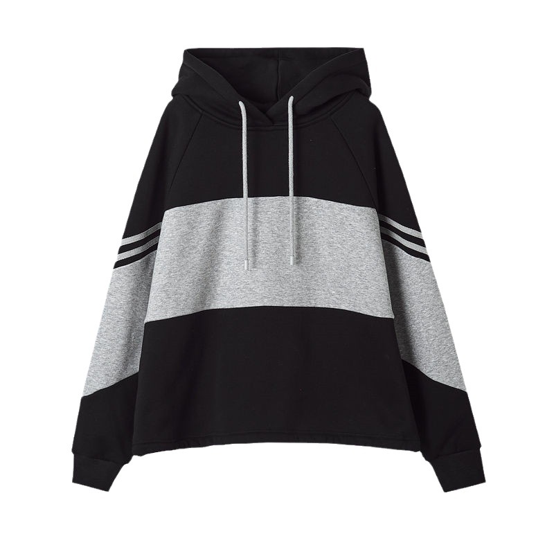 Spring and Autumn new black and gray striped stitching hooded sweater women's Korean-style ins trendy loose Western style casual pullover top