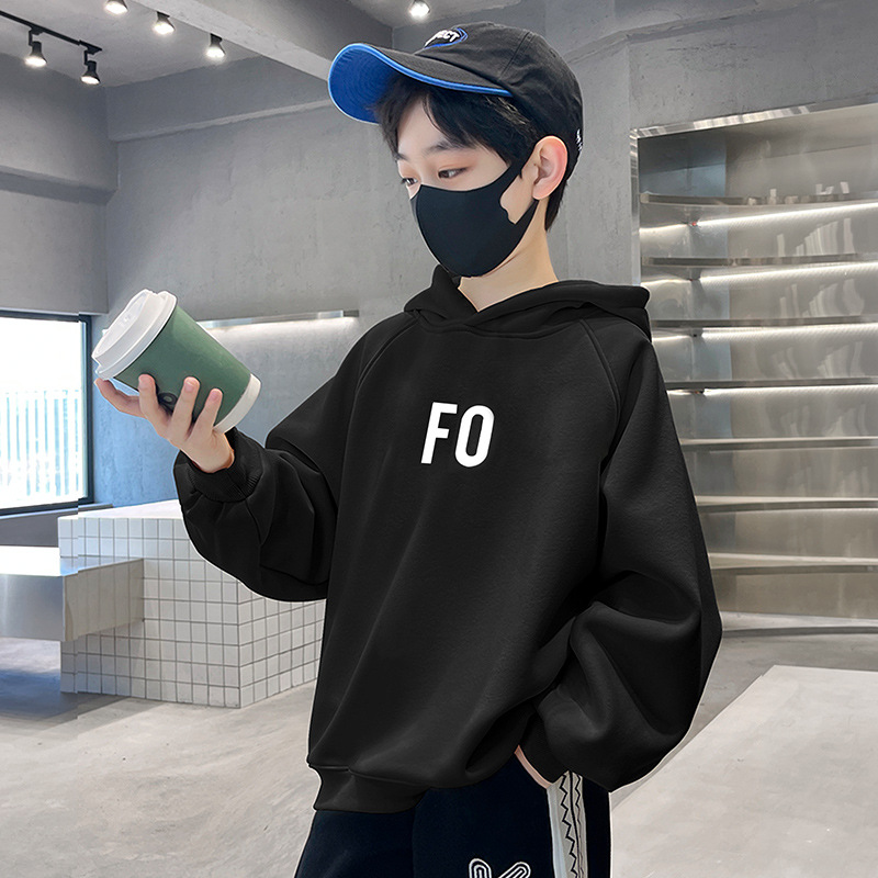 Cross-border boys' spring pullover 2024 Korean version long-sleeved loose monochrome middle and large children's clothing trendy hooded sweatshirt big brand
