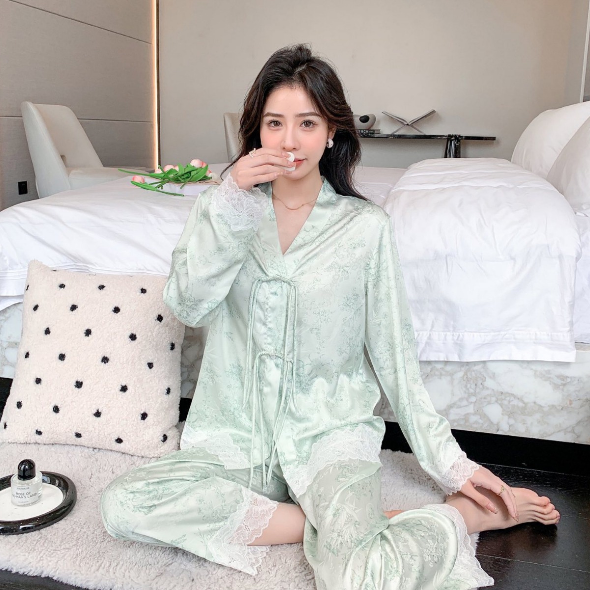 [Light luxury National style] new ice silk pajamas little red book recommend new Chinese women's long sleeve silk-like home wear