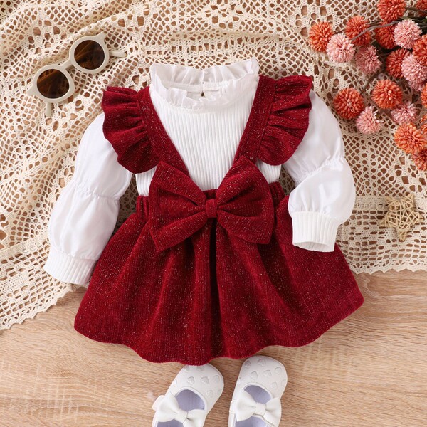 宝薪 Colored red dress for early age with bow, set, children's clothing, Korean style, long sleeve