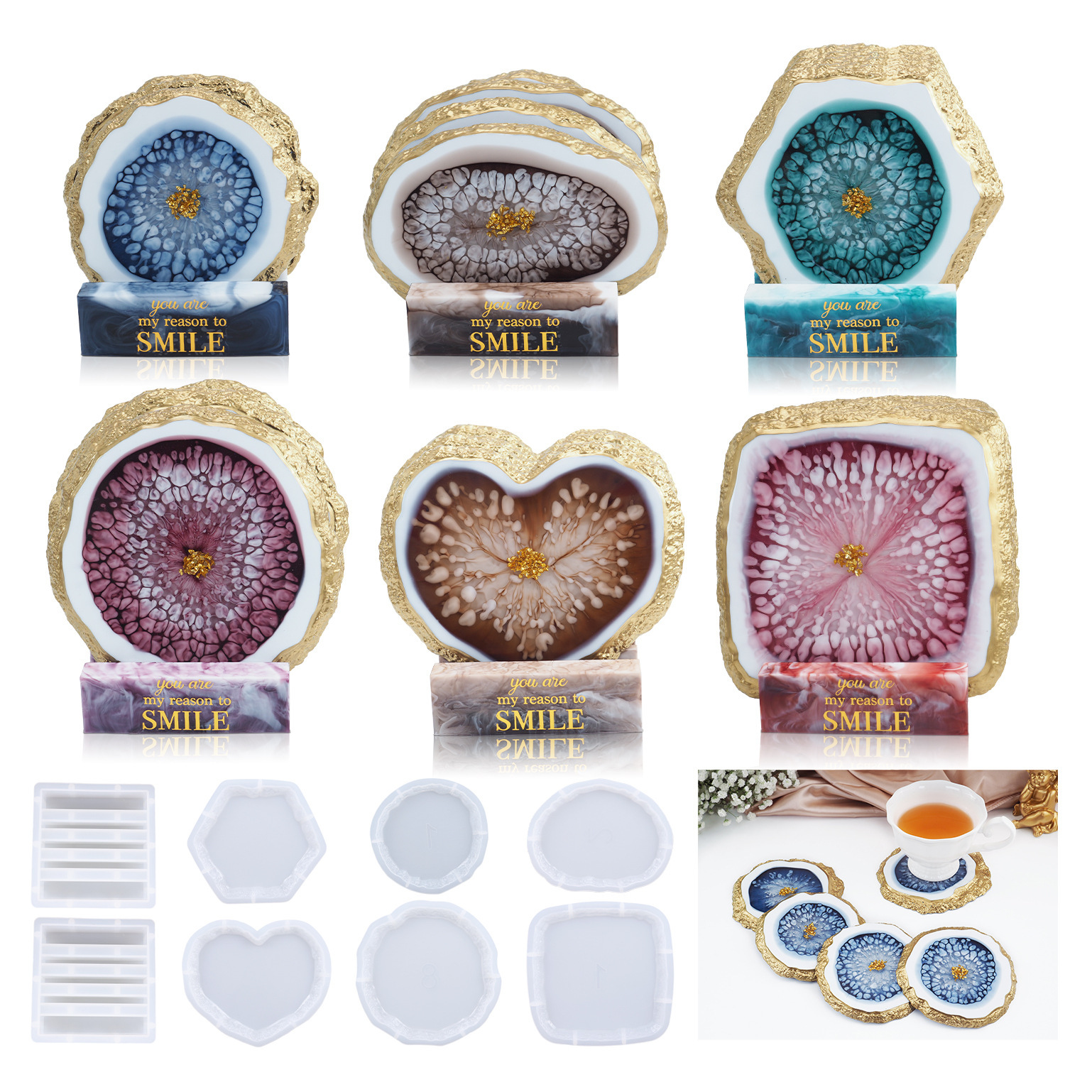 diy crystal drop glue epoxy resin mine edge irregular coaster Box coaster set mirror silicone mold