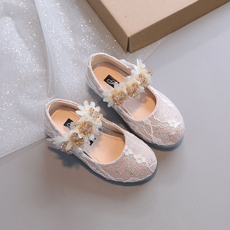 Little girl's leather shoes spring and autumn children's fashion Pearl small flower small leather shoes girls' small high heels Korean style princess shoes