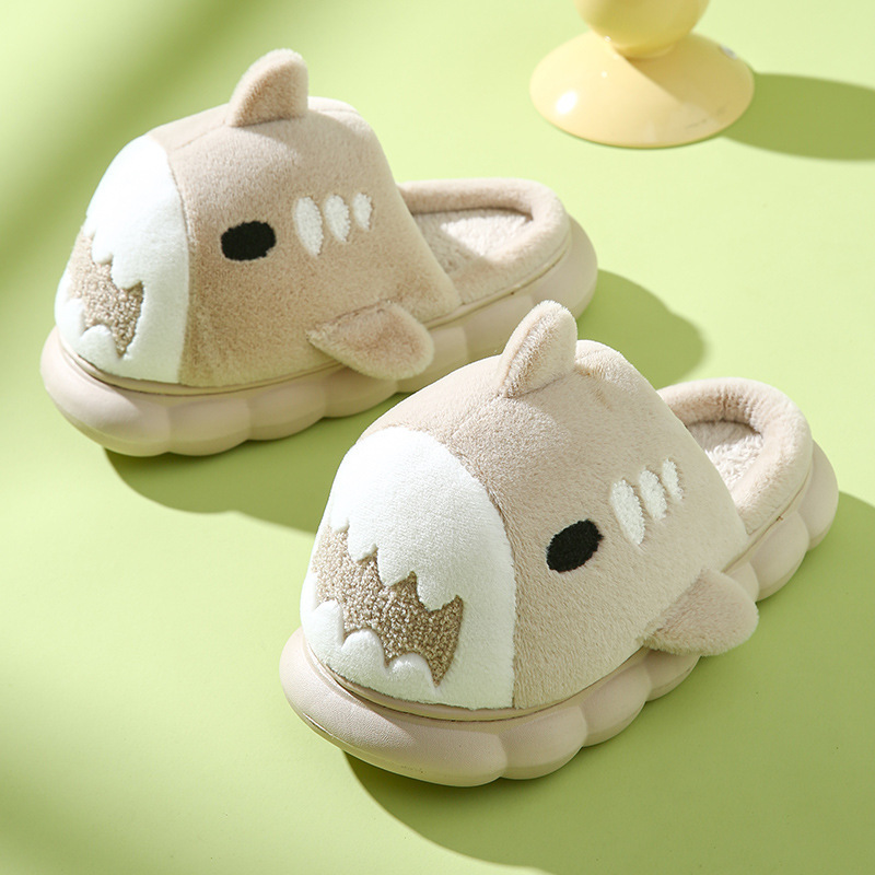 Winter thick-soled shark cotton slippers female parent-child cotton slippers home indoor non-slip plush warm couple cotton slippers_voghion.com