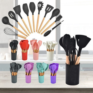 Wooden Handle Silicone Kitchenware 12 Piece Set Non-stick Cooking Shovel Spoon High Temperature Resistant Silicone Kitchenware 12 Pieces suit