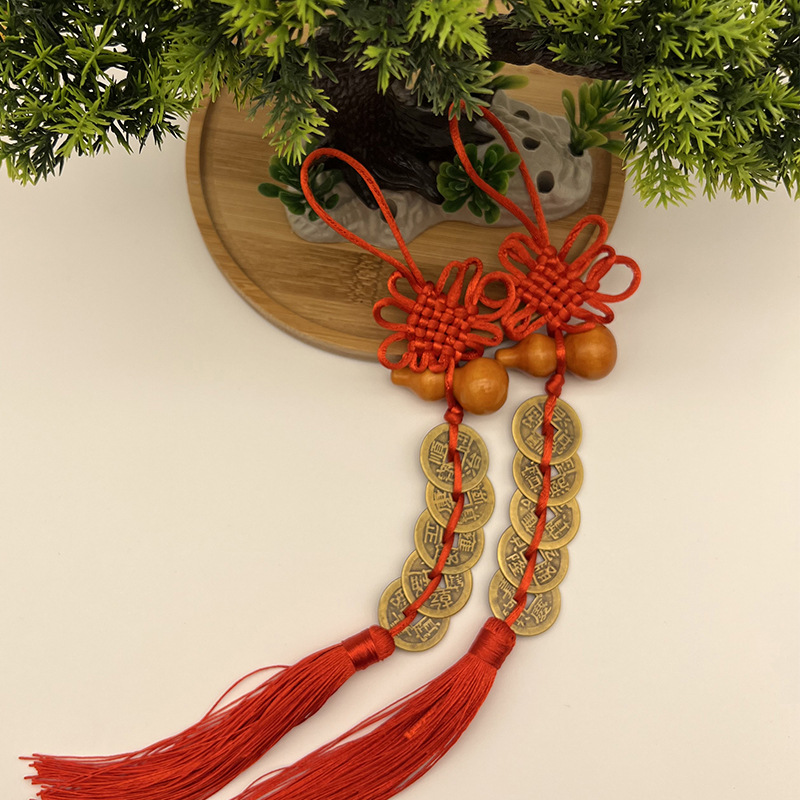 Factory wholesale real brass five Emperor money wooden gourd pendant Chinese knot door hanging car hanging small gifts tourist souvenirs