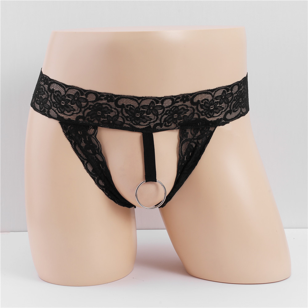 Large Size Sex Men's Underwear Lifting Ring Thongs Sexy Open Crotch Hollow Perspective Lace Double T-pants for Men