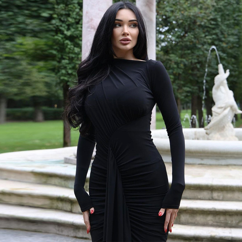 European and American fashion sexy long-sleeved hip skirt 2023 autumn and winter women's new split fishtail dress women