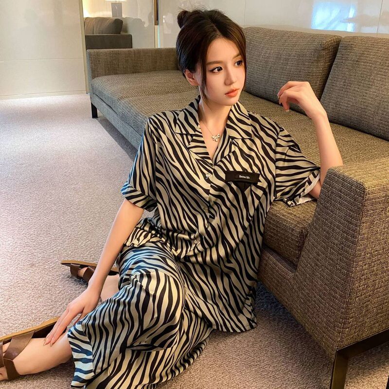【緑シマウマ】新型パジャマ女性夏氷糸薄い半袖ファッション高級住宅服シマウマ柄シャツ|undefined