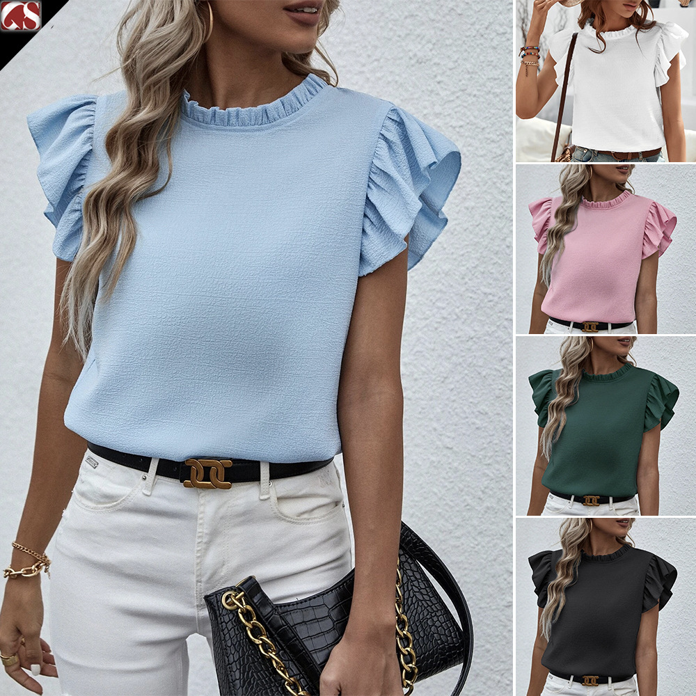 Cross-border explosions Amazon 2023 spring and summer Europe and the United States new leisure ruffled vest sweet round neck women's shirt