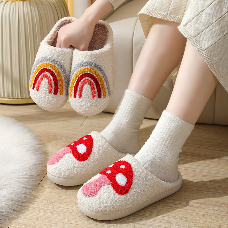 Cross-border Mushroom Explosions Winter Smiley Peach Cotton Slippers Women Wholesale Indoor Home Rainbow Plush Warm Slippers