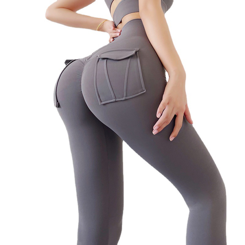 New European and American lulu naked pocket yoga pants high waist hip belly peach hip sports fitness chrysanthemum pants women