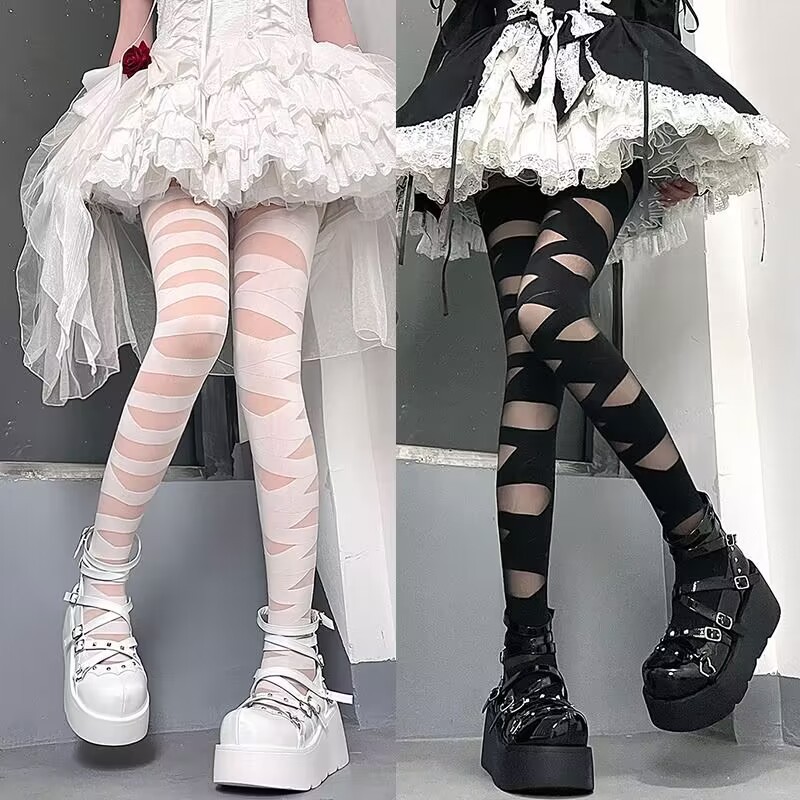 Y2g Asian culture hot girl black and white bandage long over-the-knee stockings women's lace-up pile Lolita socks thin