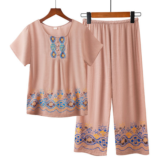 Cotton and Linen Mother's Pajamas Women's Summer Short-sleeved Suit Summer Thin Casual Home Clothes for Middle-aged and Elderly