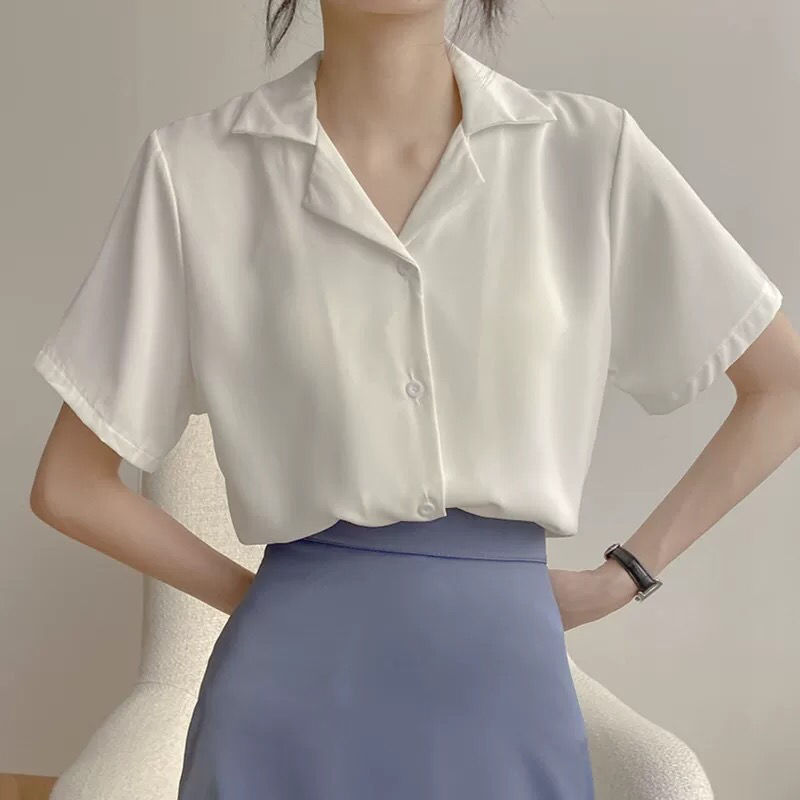 2021 Spring Clothing Academy Style Retro Korean Style Professional Suit Collar Student Summer Short Sleeve Shirt Women's Solid Color Top