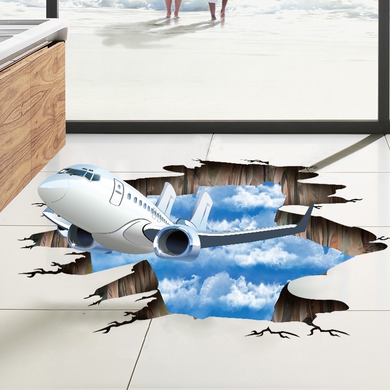 大學生宿舍3D立體牆貼藍天白雲飛機破牆辦公室背景地貼裝飾牆壁貼