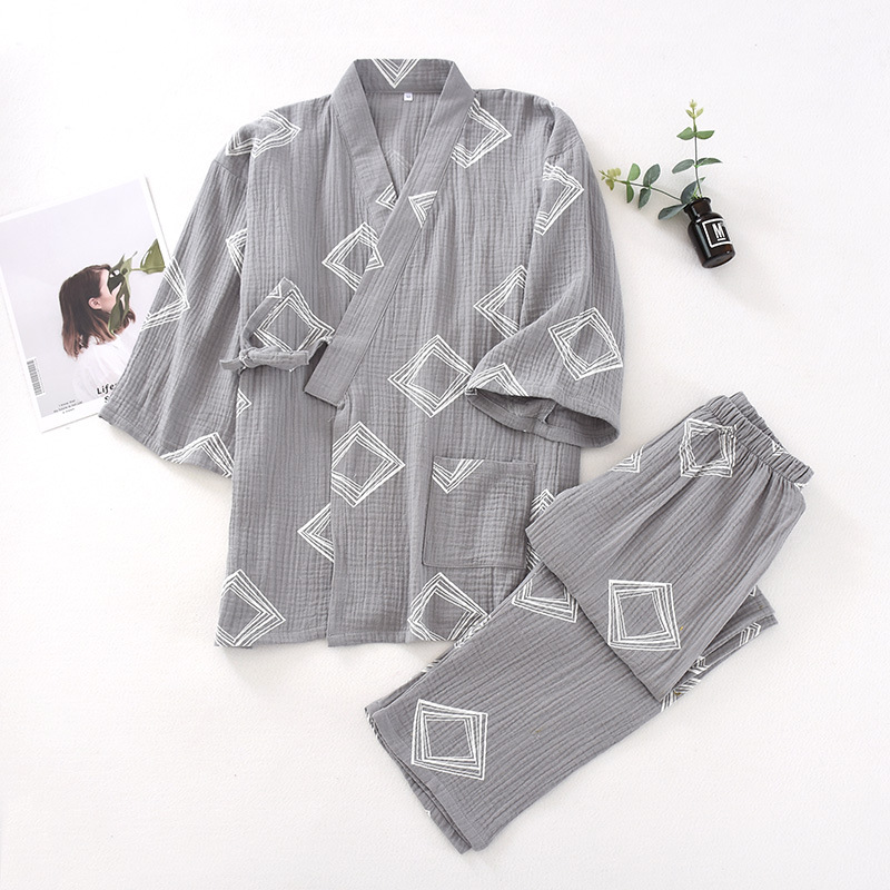Spring and Autumn Japanese kimono pajamas men's cotton gauze lace-up Hanfu suit plus size home wear