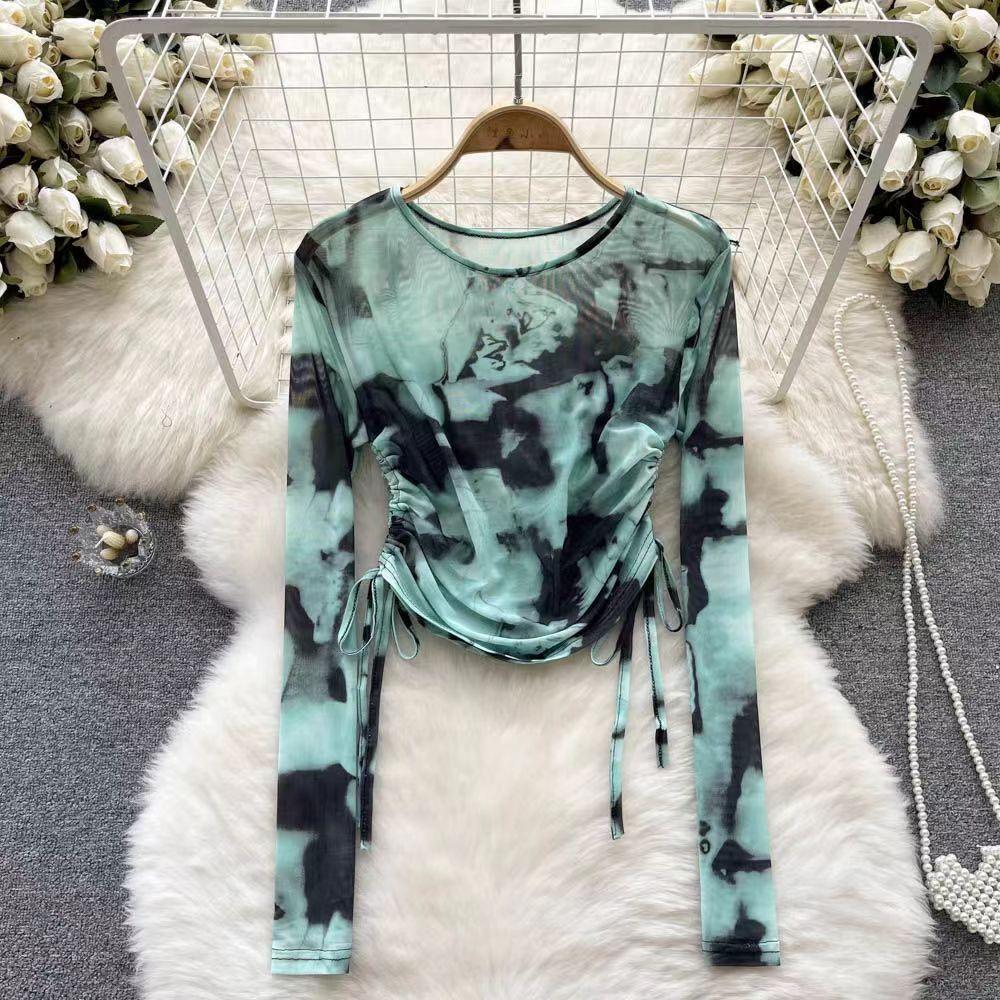 Summer new style Chinese style ink painting printed long-sleeved T-shirt round neck drawstring waist short mesh elastic top