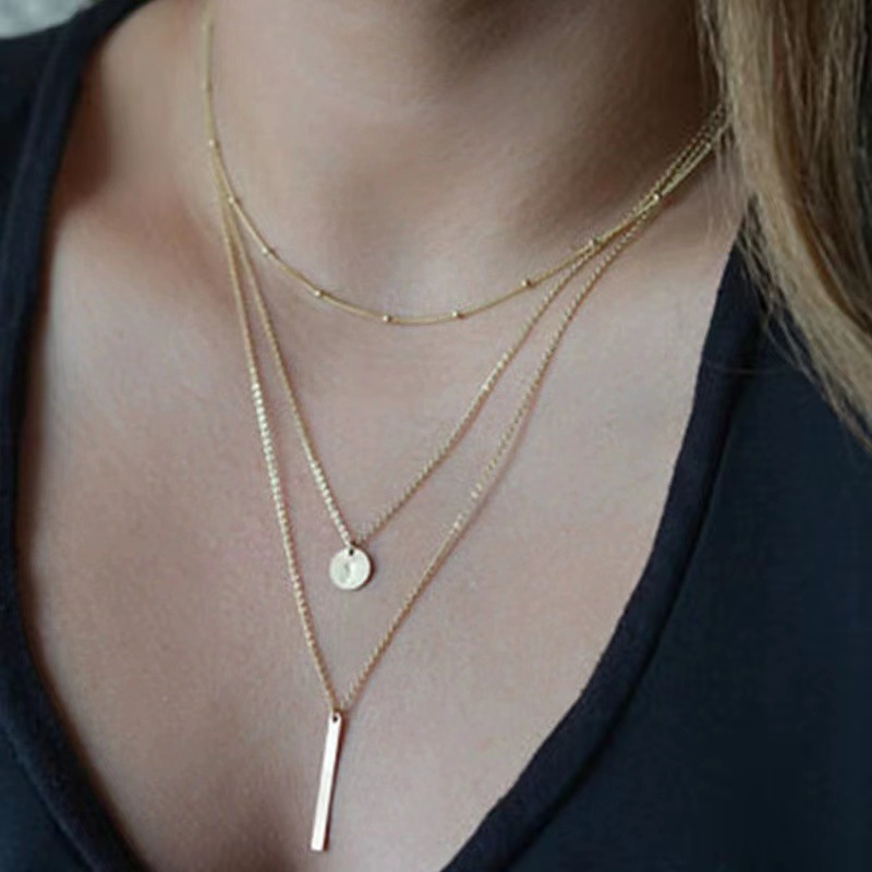 Europe and the United States cross-border new fashion clip bead chain multi-layer necklace simple round piece metal rod pendant clavicle chain