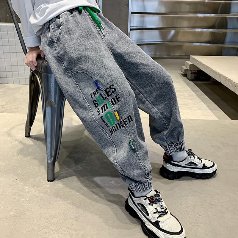 Children's boys' jeans 2024 new autumn long pants for big children casual pants boy tie-up pants trendy