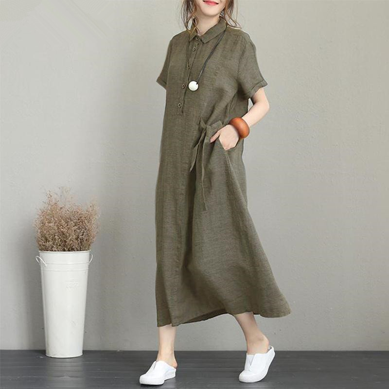 Cross-Border New POLO collar cotton linen lapel short sleeve loose pocket temperament women's casual dress