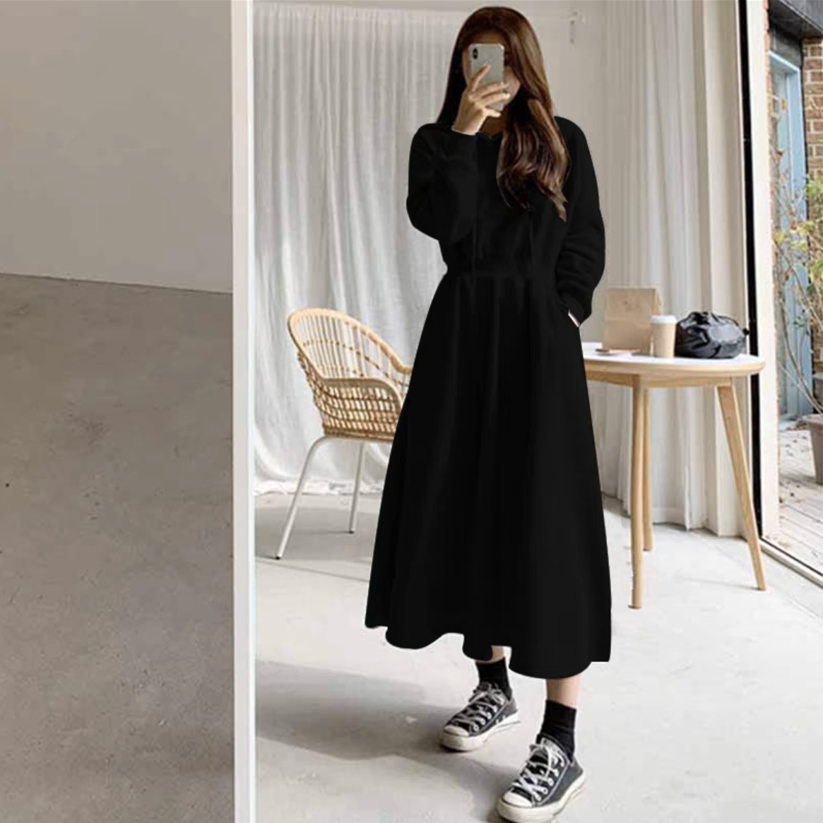 Autumn and winter sweater dress South Korea cross-border new hooded plus size slimming waist-tight student solid color dress women's clothing dress